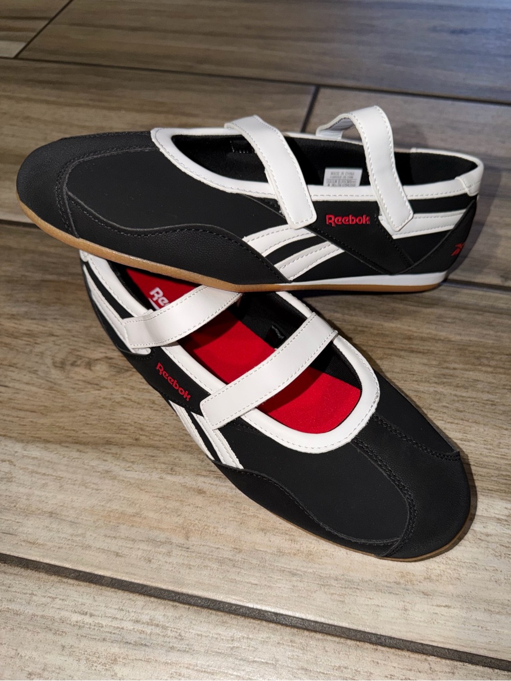 Reebok Black & White Mary Jane Style Flats with Red Insole